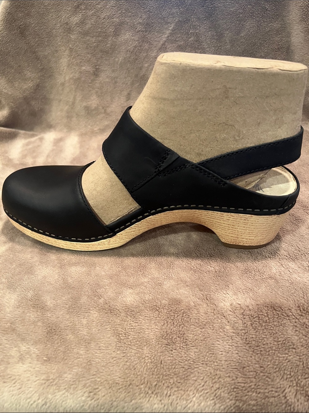Dansko Lucia Black Leather Slingback Shoe with Wood-Effect Sole